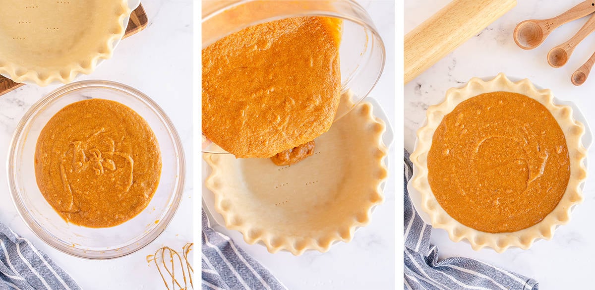 Sweet potato pie filling is poured in to a pie crust.