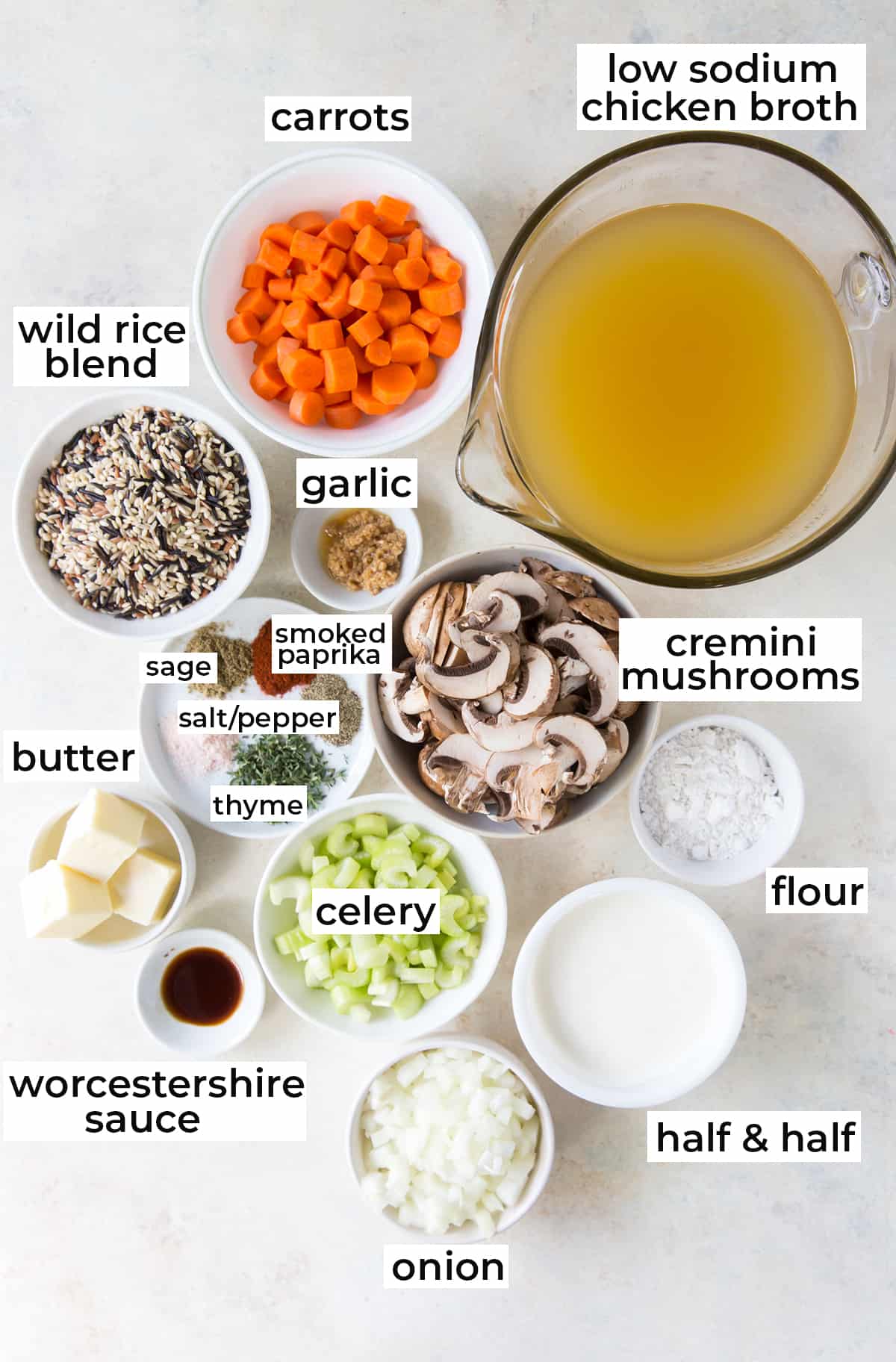 All the ingredients needed to make Wild Rice Mushroom Soup.