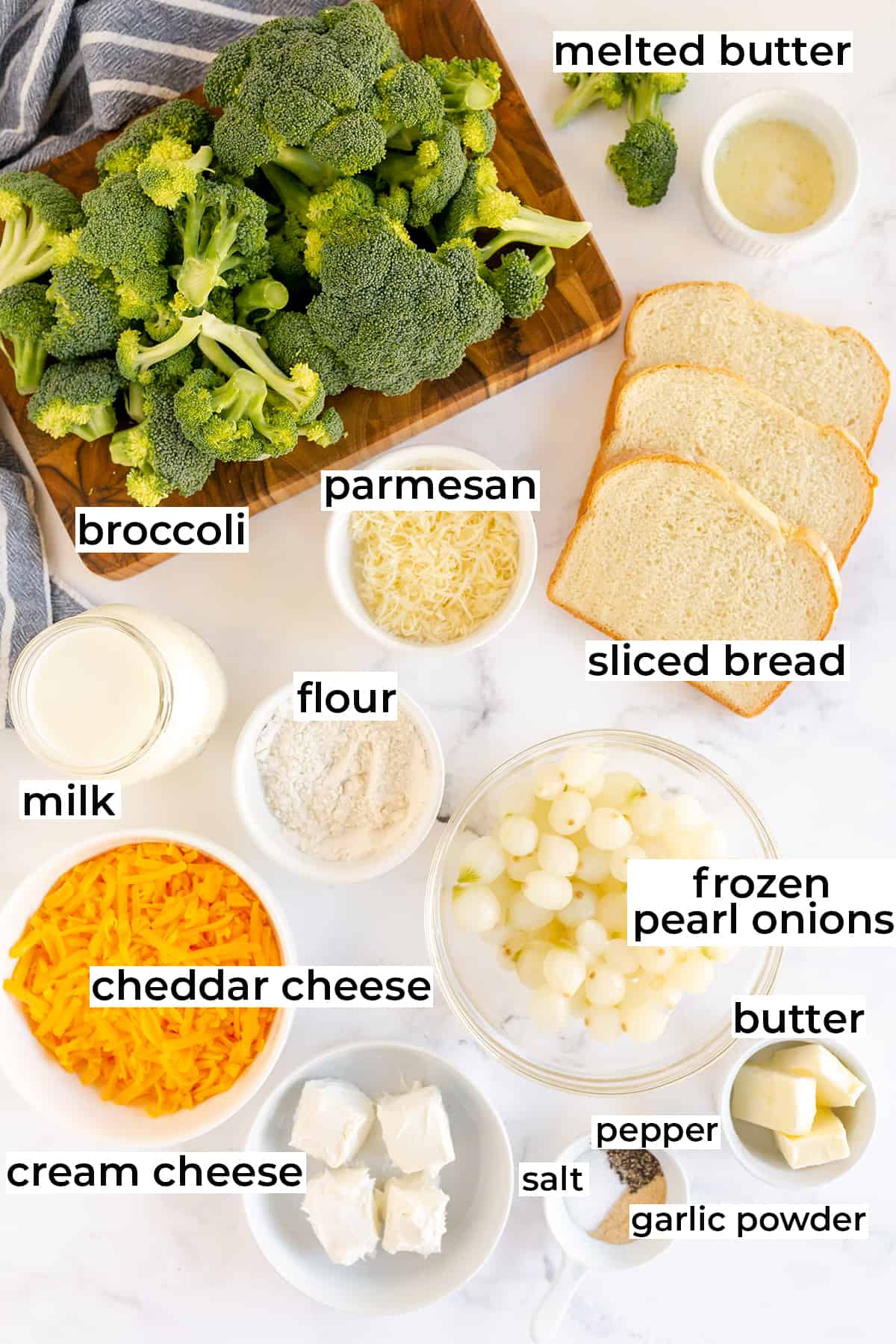 The ingredients required to make Broccoli Pearl Onion Casserole with text overlay.
