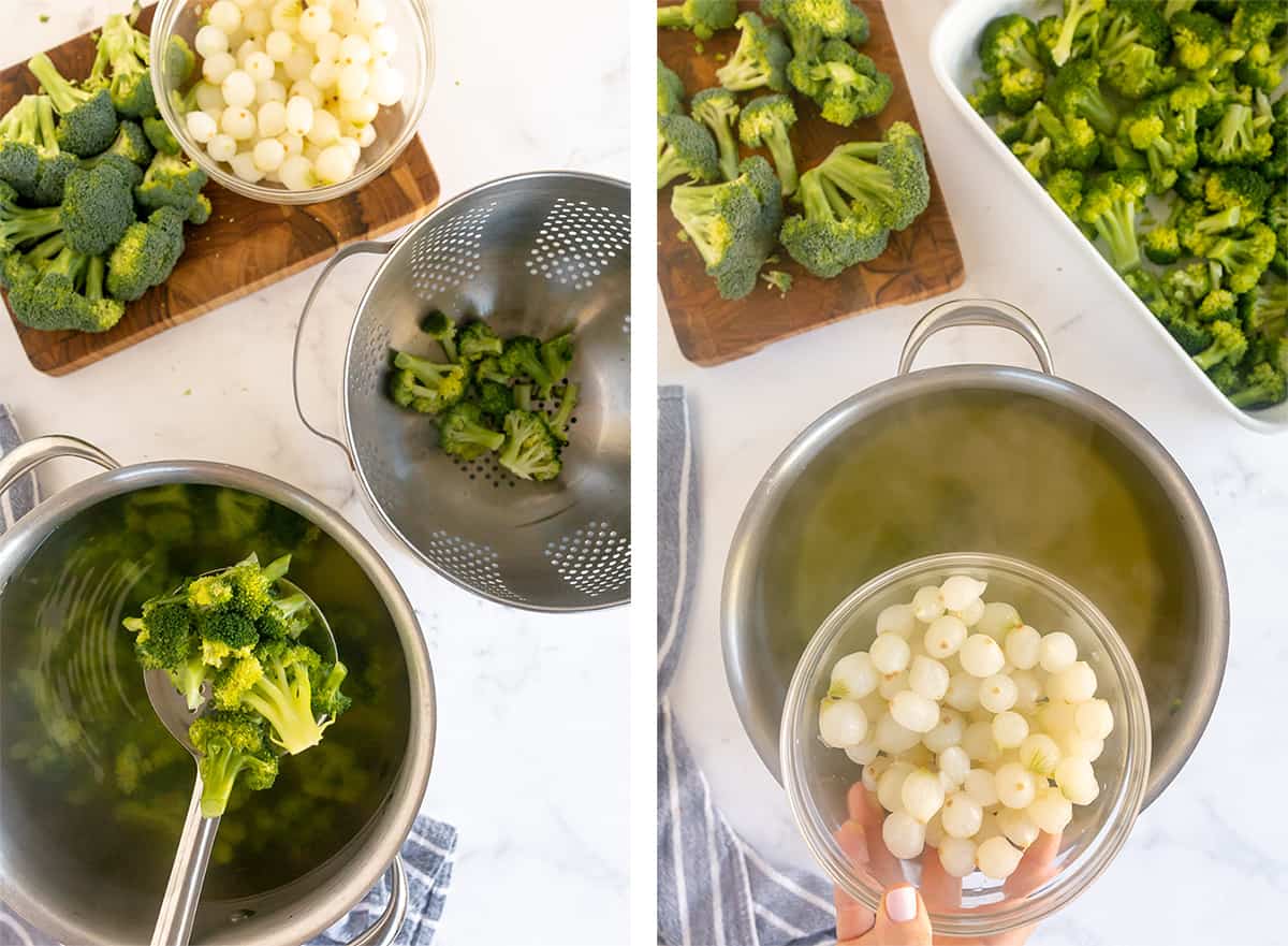 Broccoli florets and pearl onions are boiled in a pot of water.