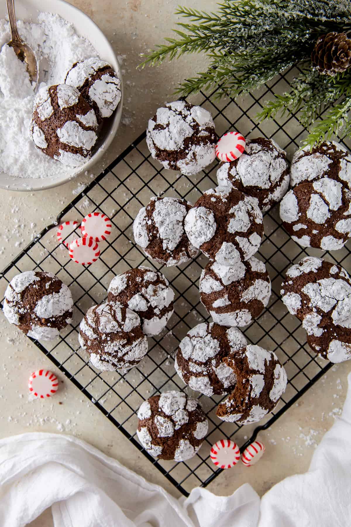 Chocolate Peppermint Crinkles on a wire rack with peppermint candies.