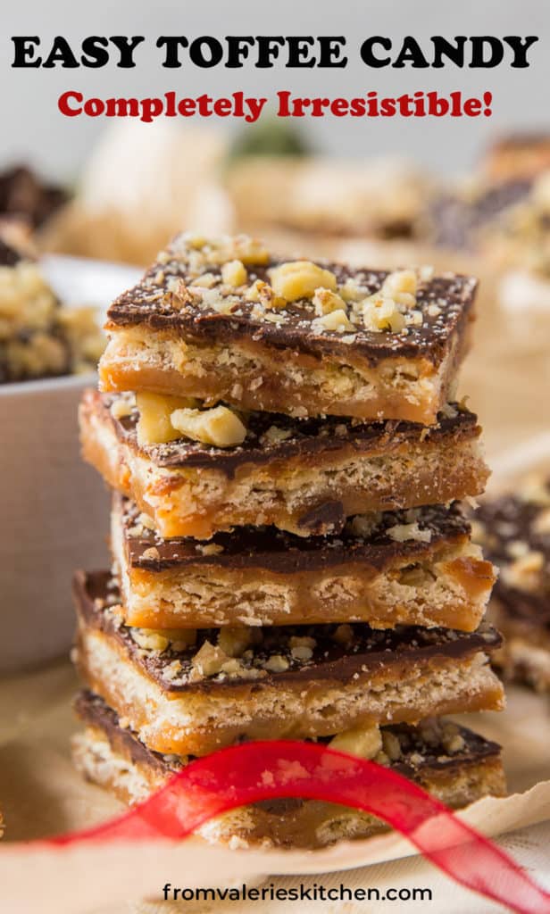 A stack of saltine toffee candy with text overlay.