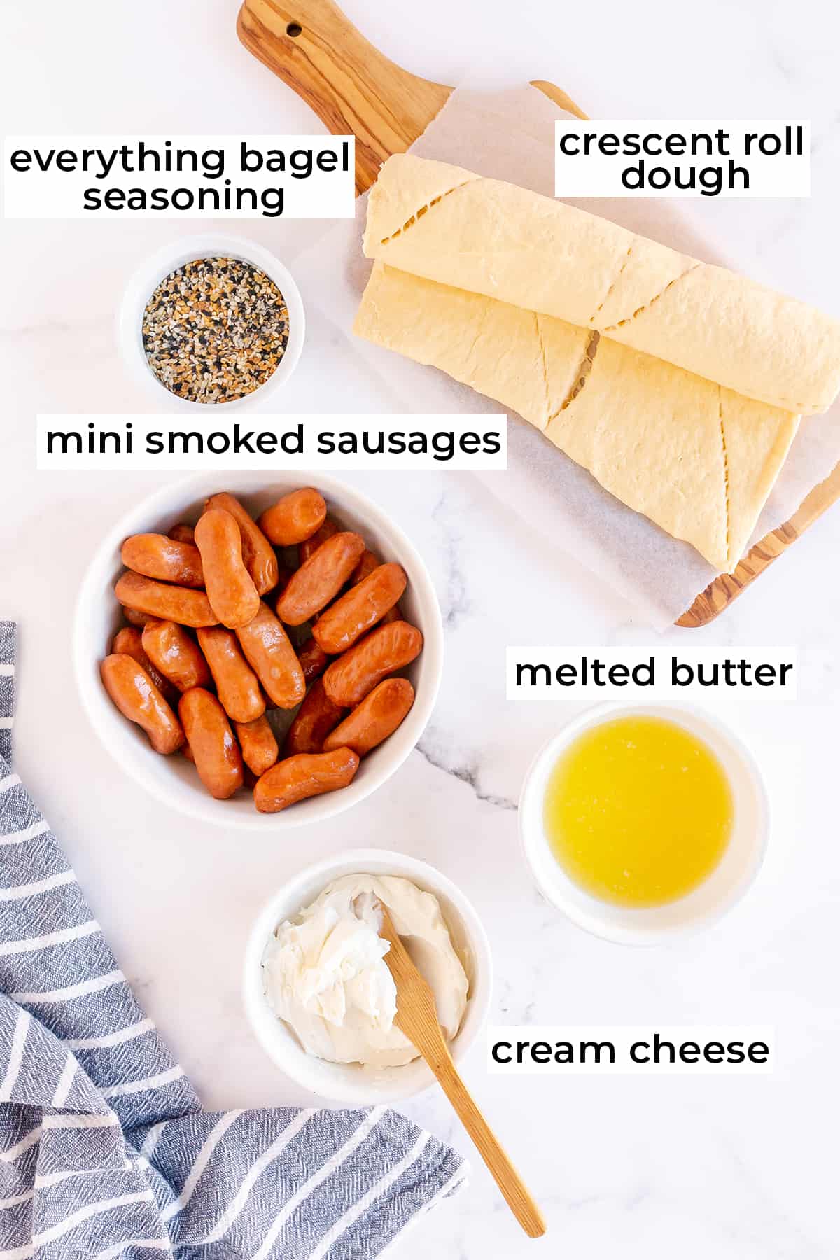 The ingredients needed to make Everything Bagel Pigs in a Blanket with text overlay.