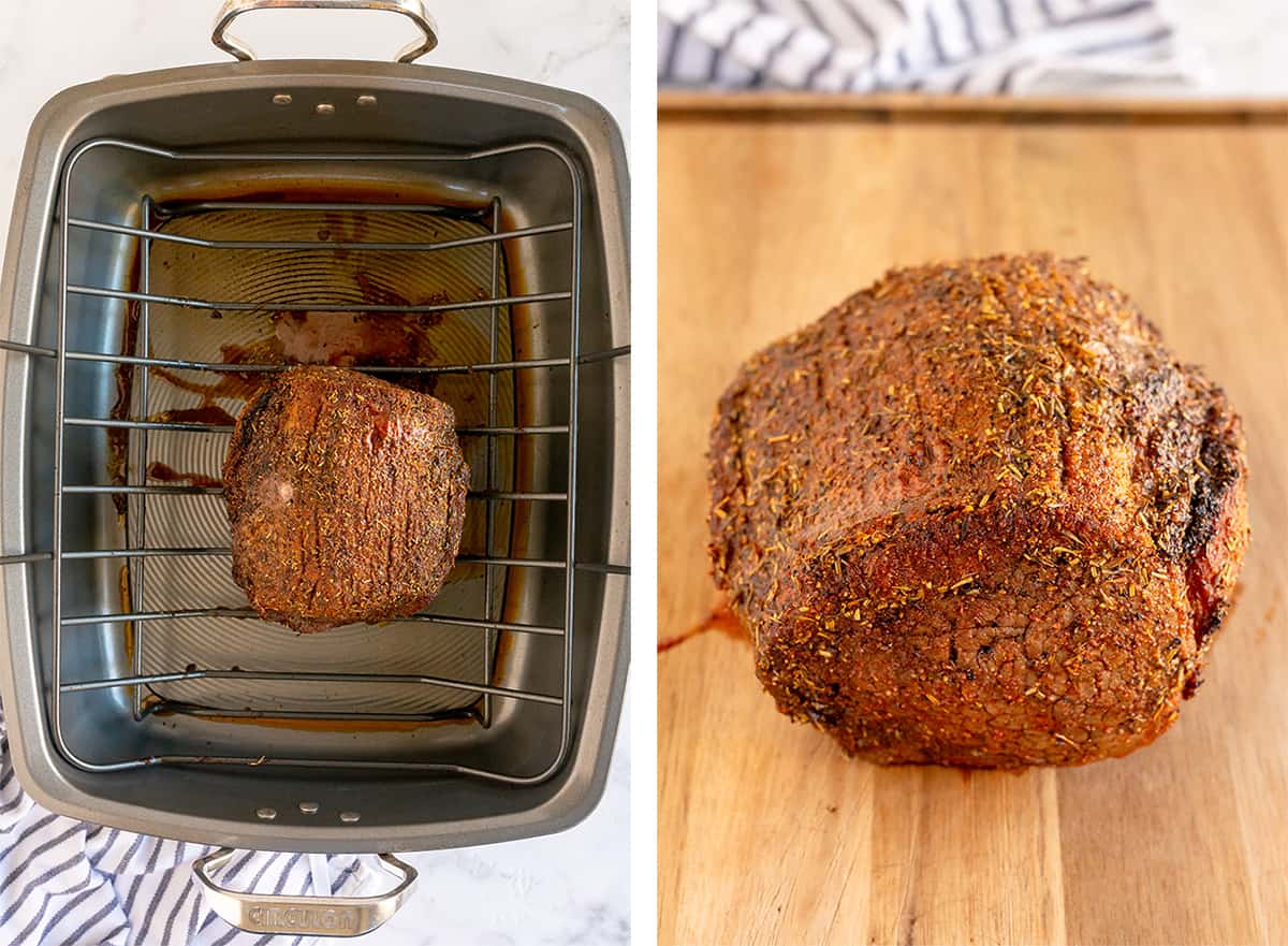 A cooked roast on a rack in a roasting pan and on a cutting board.