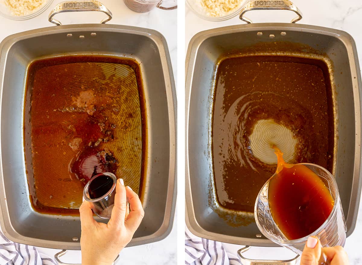 Wine and beef broth are poured into a roasting pan.