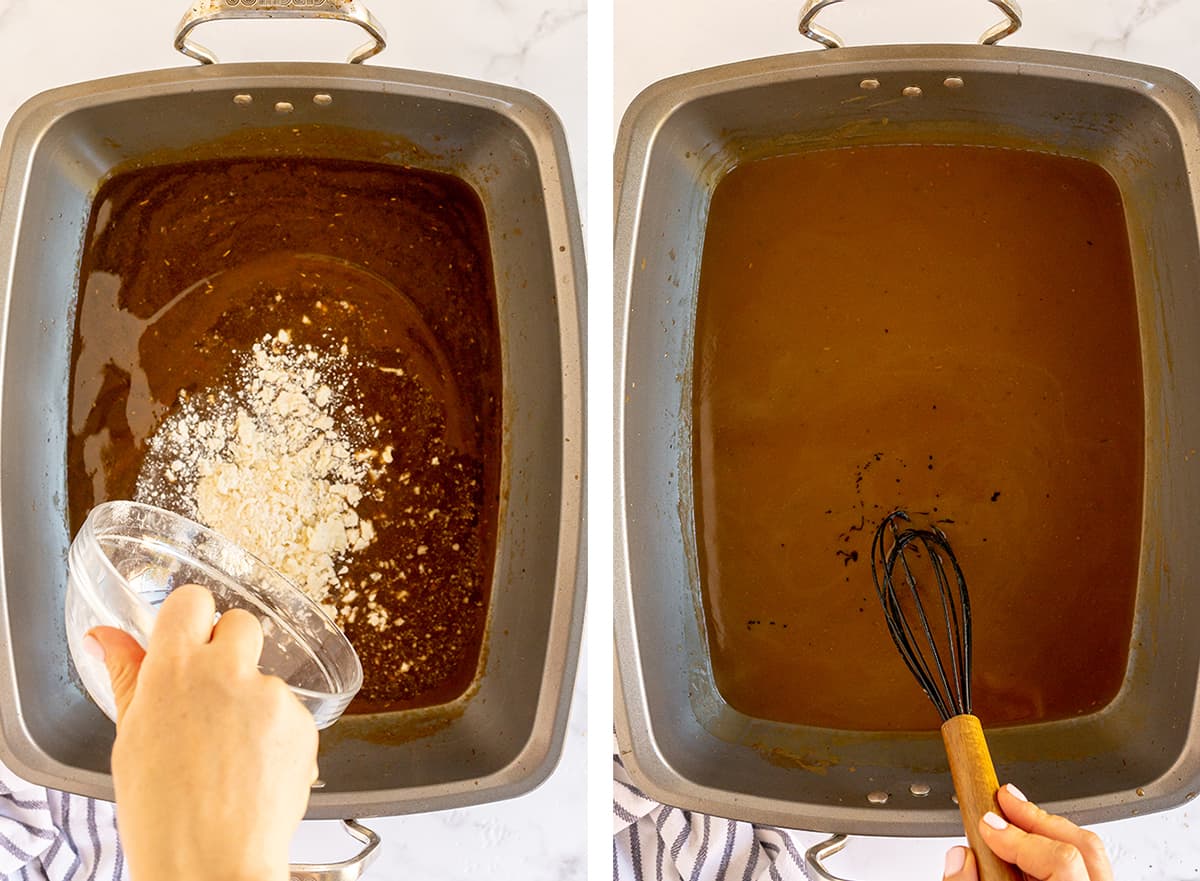 A butter and flour mixture is whisked into gravy in a roasting pan.