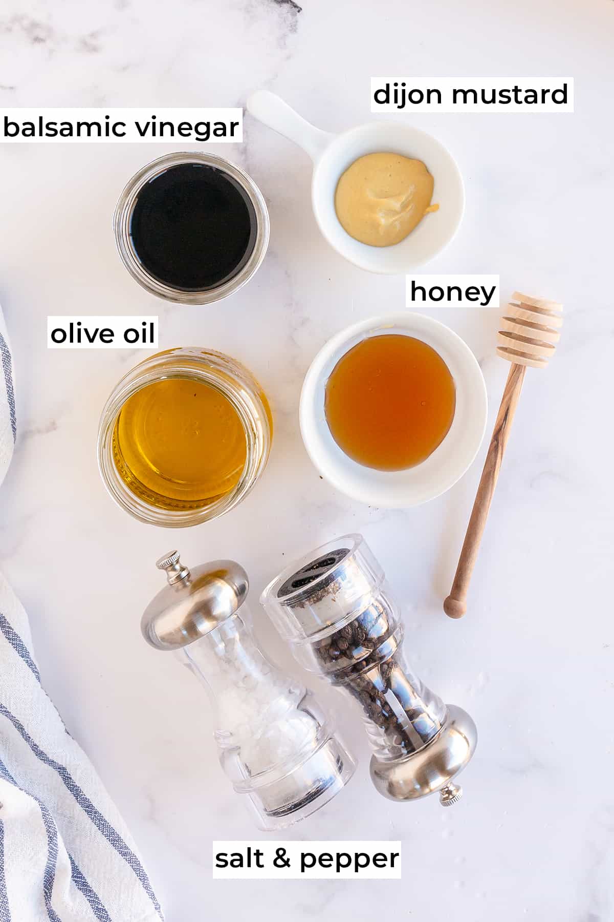 All the ingredients needed to make Honey Balsamic Vinaigrette with text overlay.