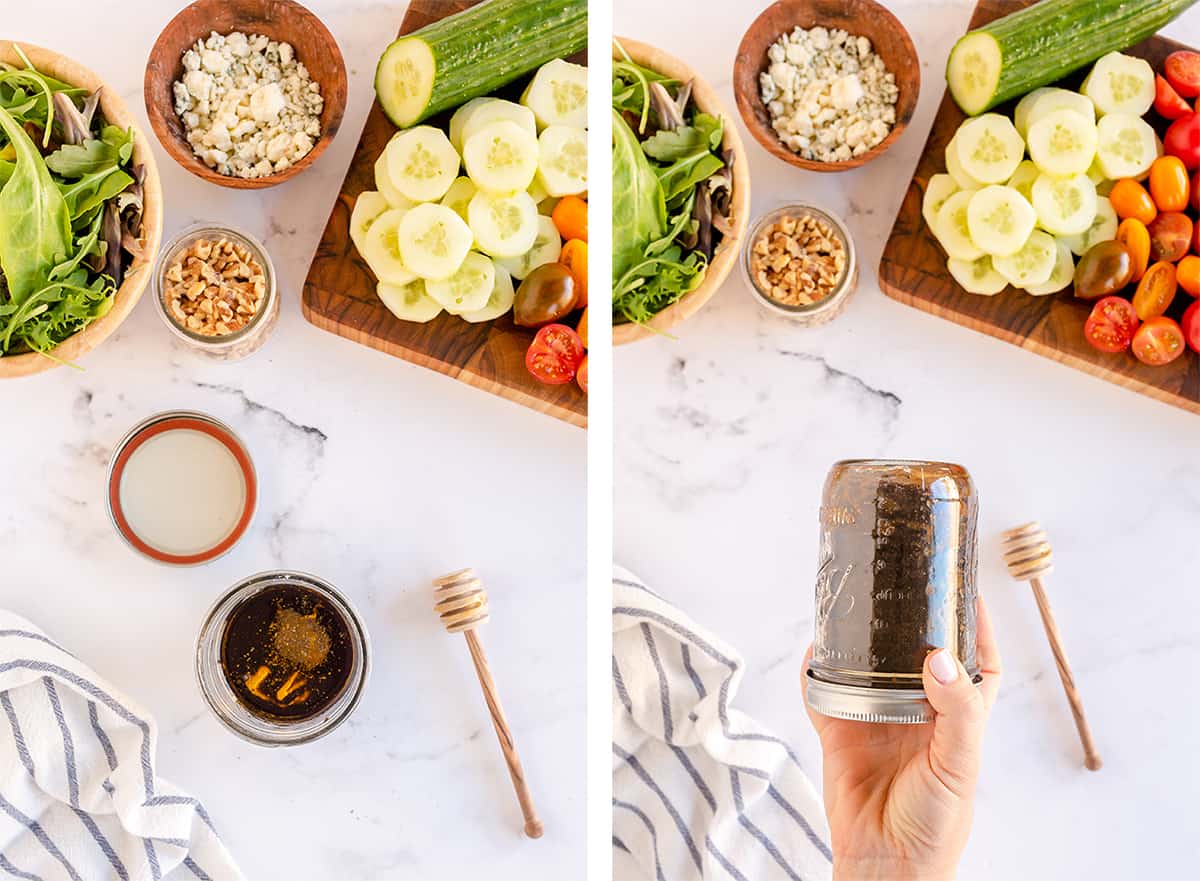 Vinaigrette ingredients are shaken up in a mason jar.