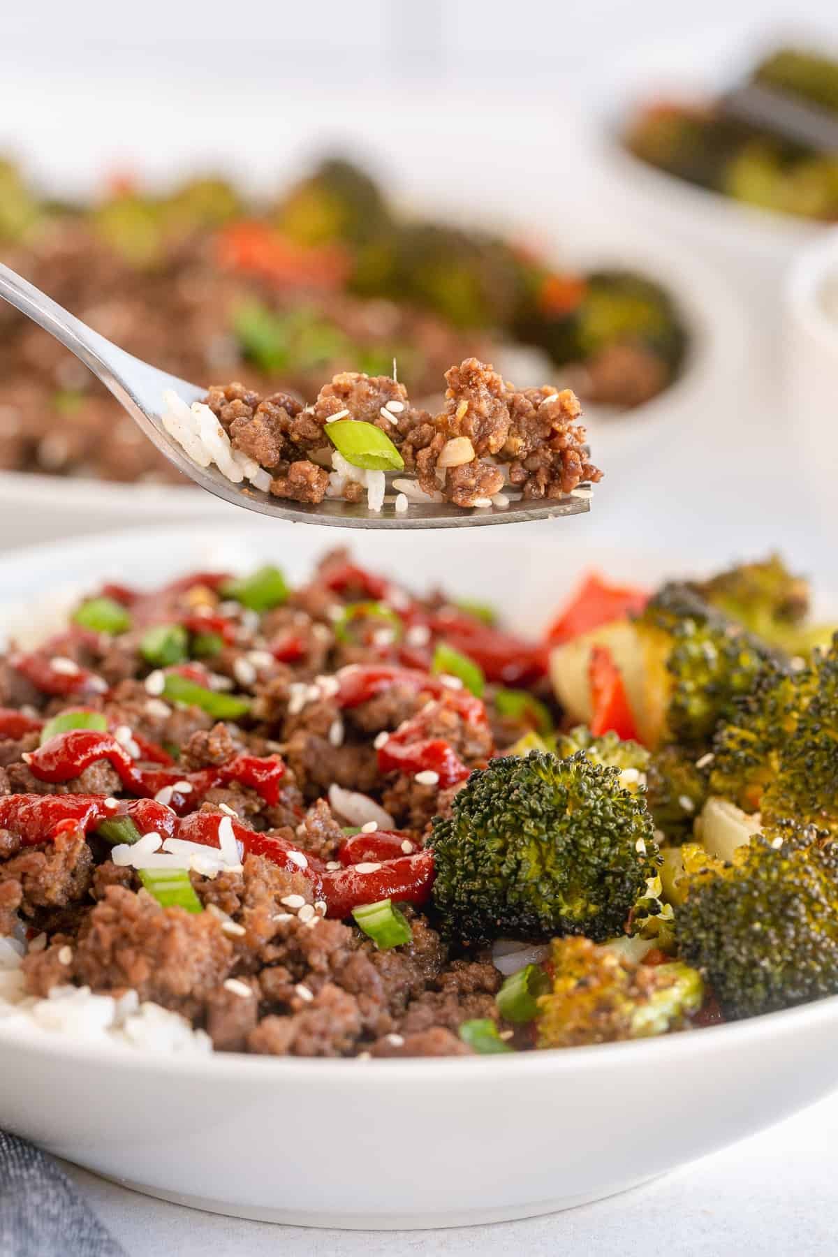 A fork lifts a bite of ground beef from a bowl.