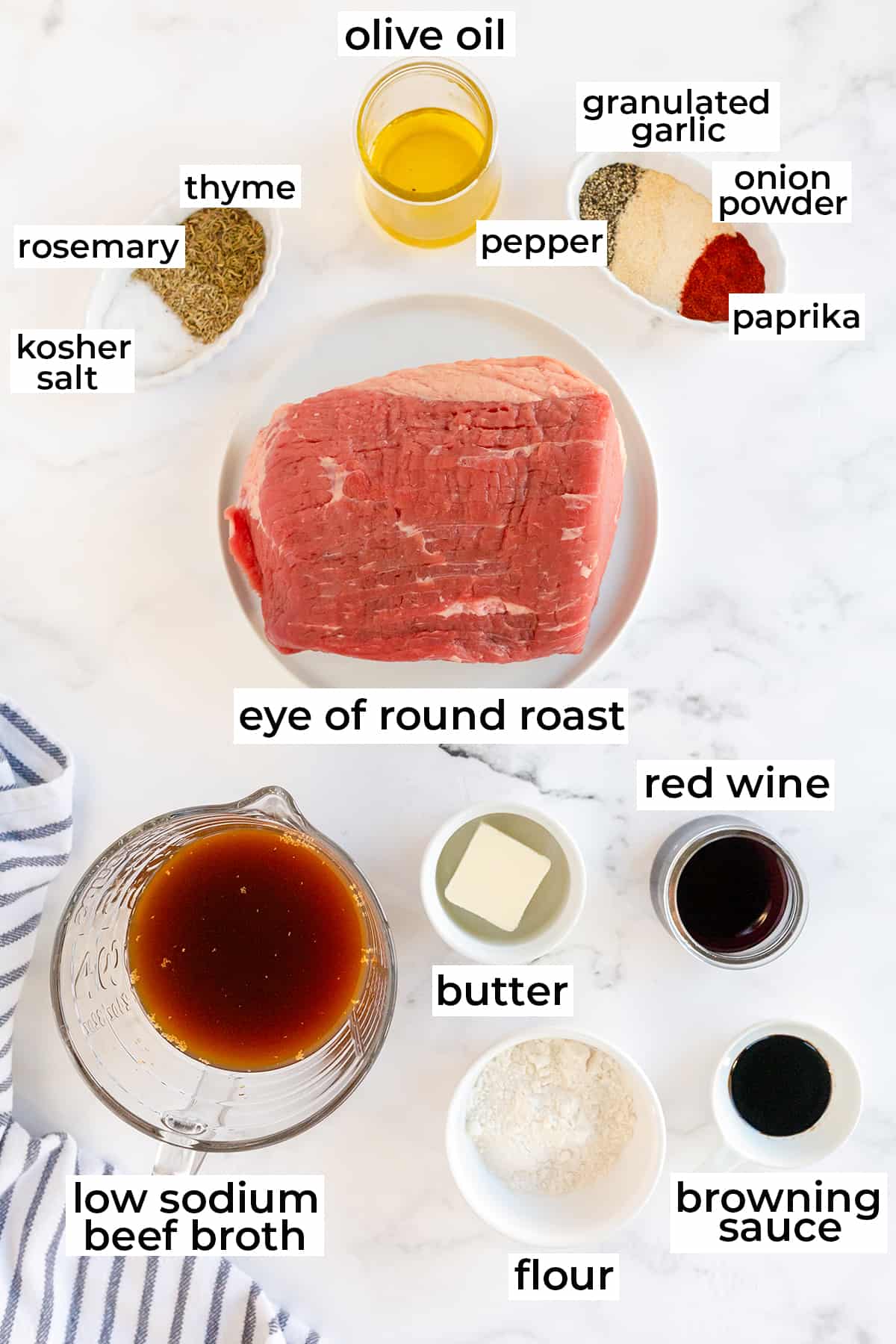 The ingredients needed to make Eye of Round Roast Beef with Gravy