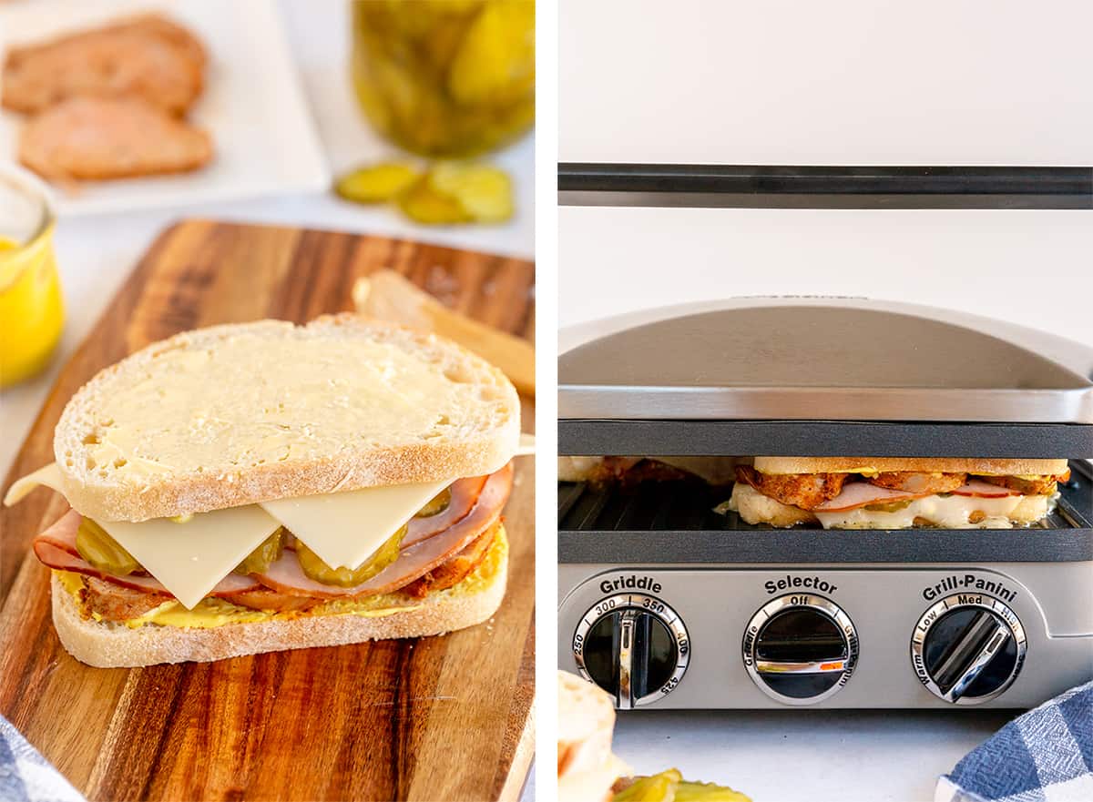 A fully assembled Cuban Sandwich on a cutting board and in a panini press.