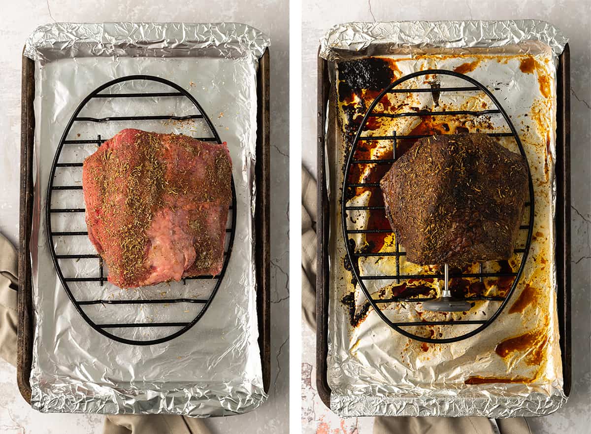 A seasoned beef on a wire rack before and after cooking.
