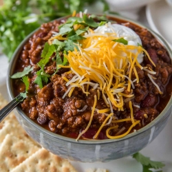 A bowl of chili topped with cheese and sour cream.