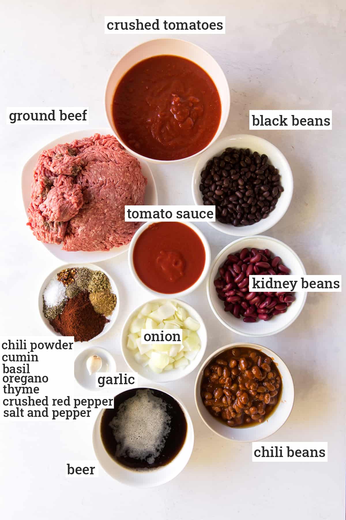 All the ingredients needed to make Halftime Chili with text overlay.