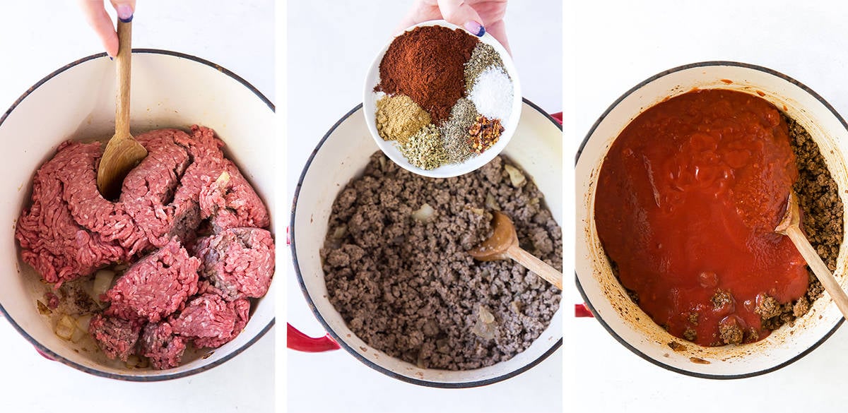 Three images showing ground beef, spices, and crushed tomatoes cooking in a Dutch oven.