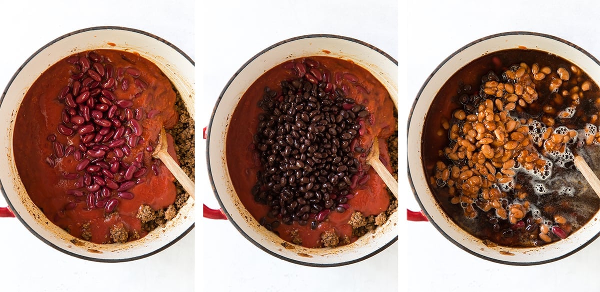 Three images showing beans and beer being added to a pot of chili.