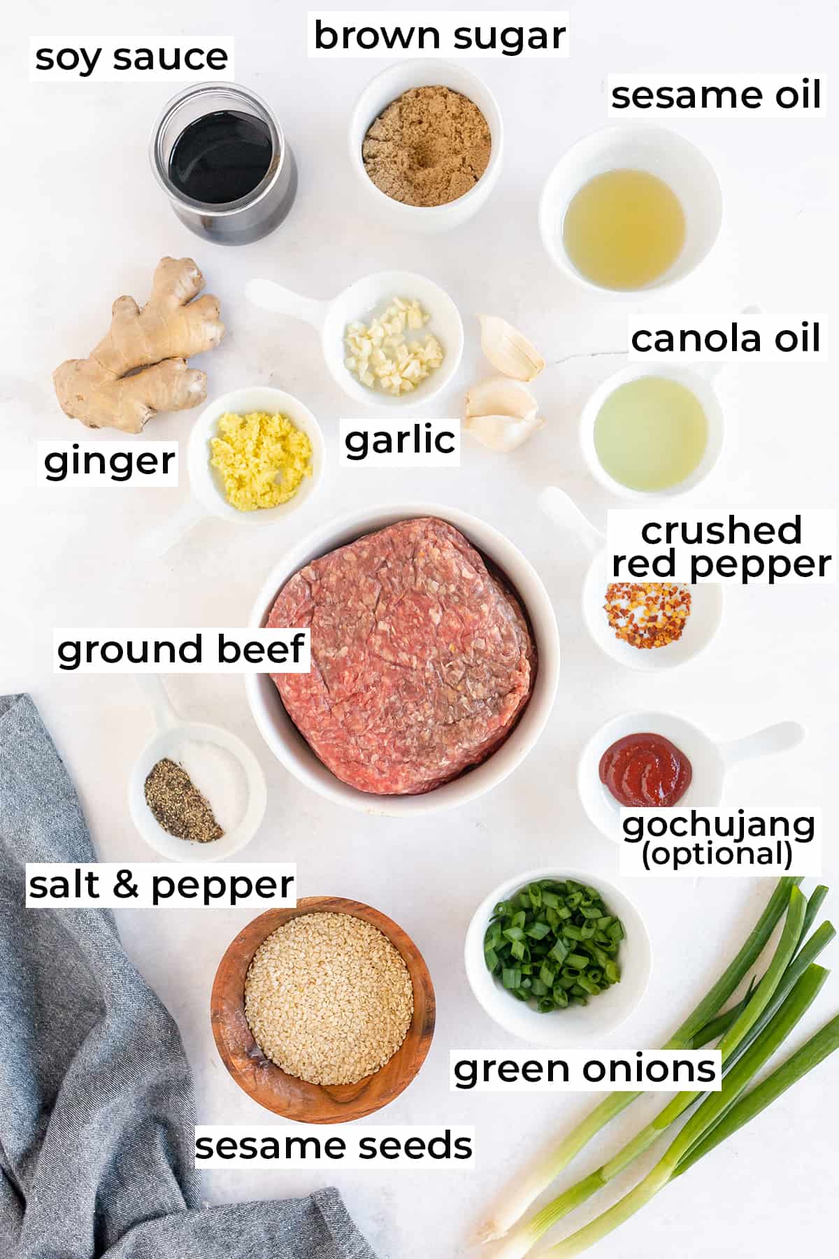 All the ingredients needed to make Korean Ground Beef with text overlay.
