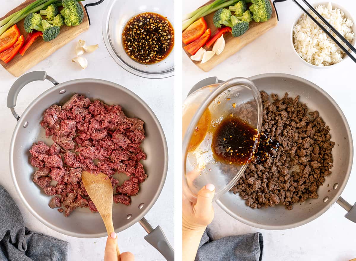 A sauce is poured into a skillet with cooked ground beef.