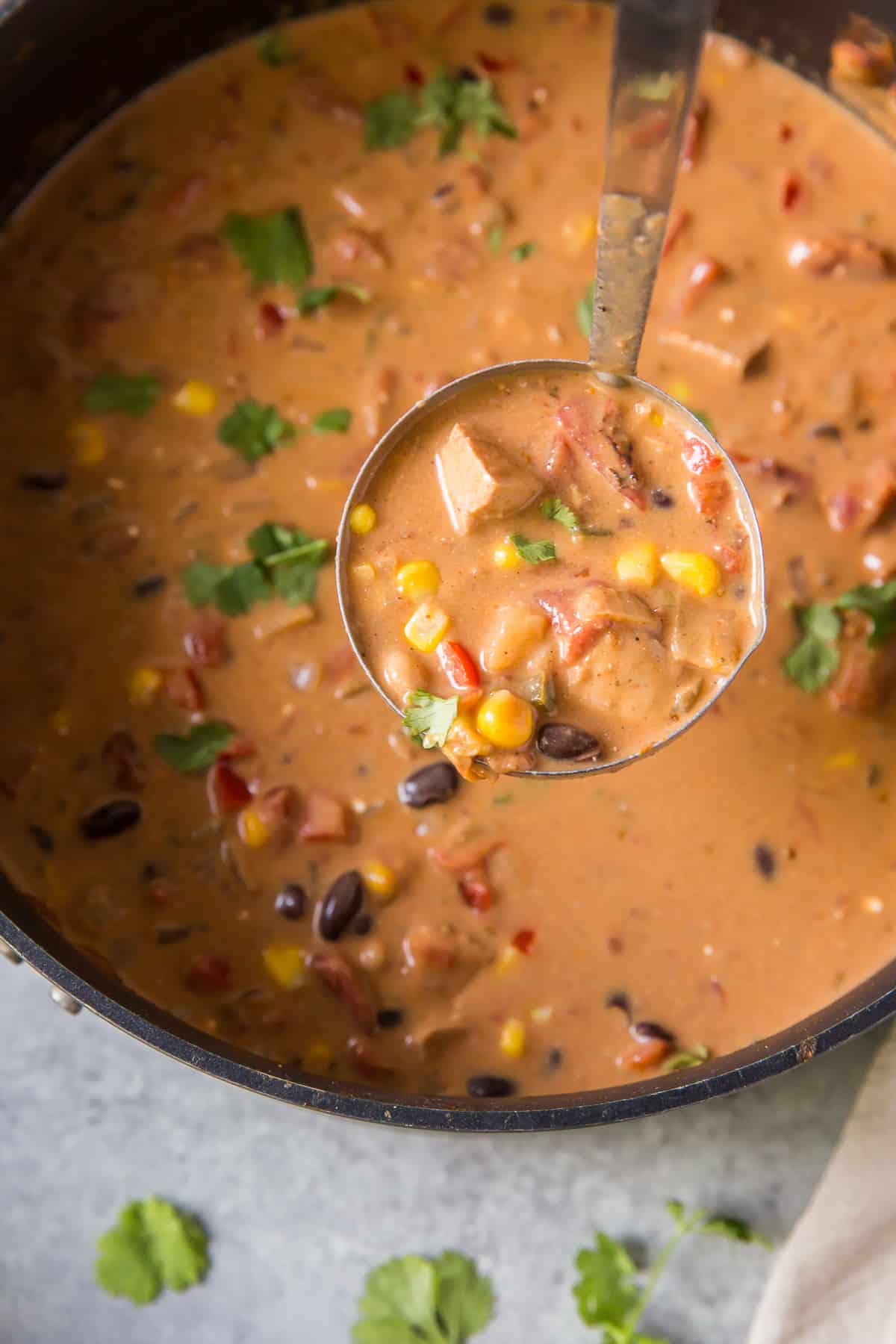 A ladle scoops soup with chicken, corn, and beans from a pot.