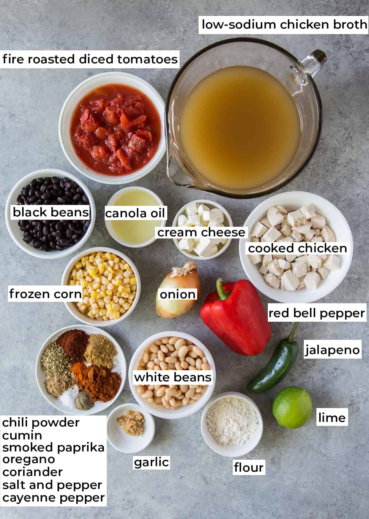 All the ingredients needed for Creamy Southwest Chicken Soup with text overlay.