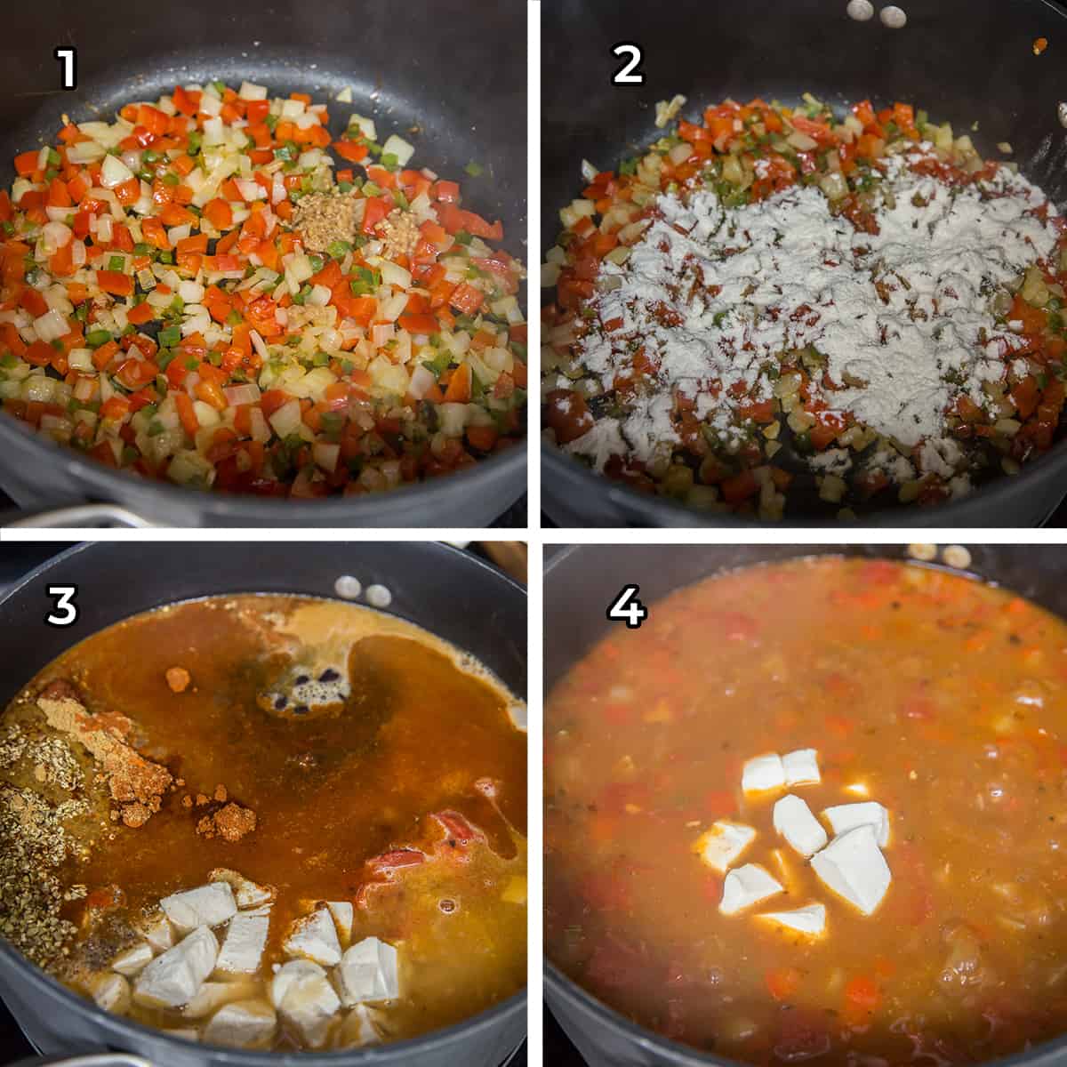 Four images showing soup being prepared in a pot.