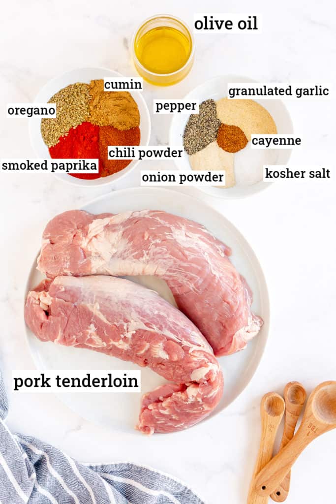 Pork tenderloin, spices, and olive oil with text overlay.