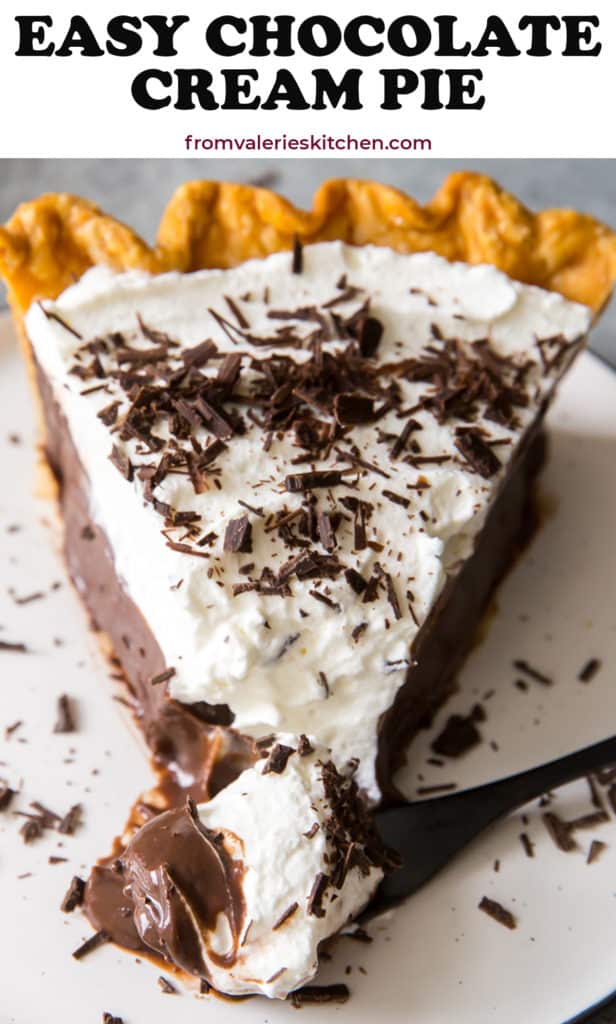 A fork breaks away a bite of Easy Chocolate Cream Pie with text overlay.