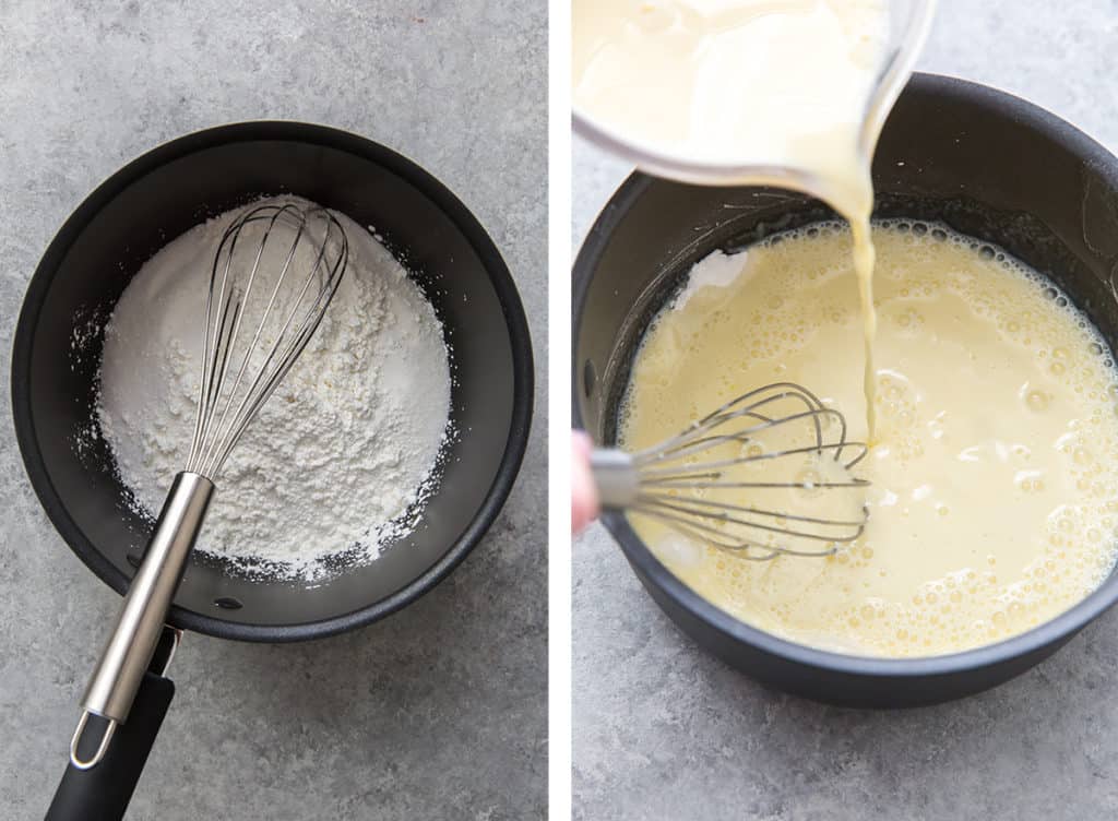 Dry ingredients are whisked with egg and milk in a saucepan.
