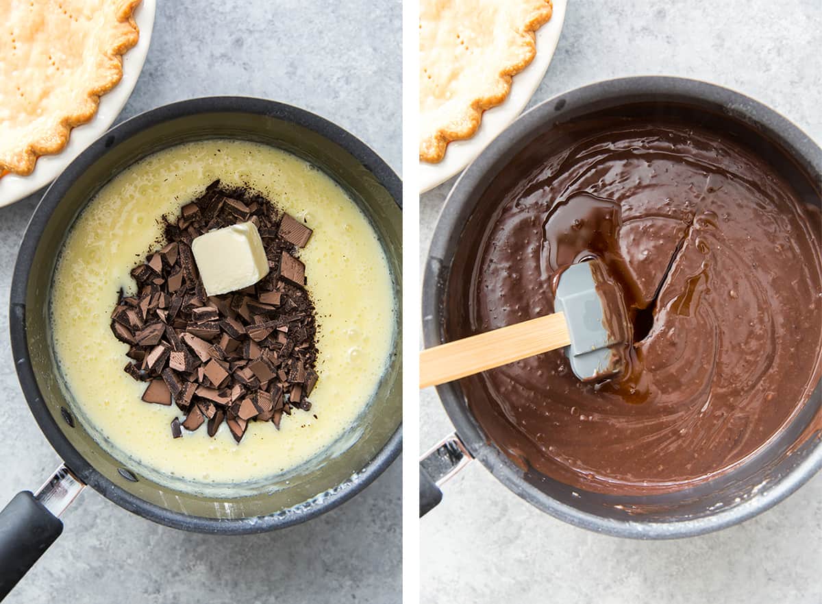 Chocolate and butter are added to an egg mixture in a saucepan.