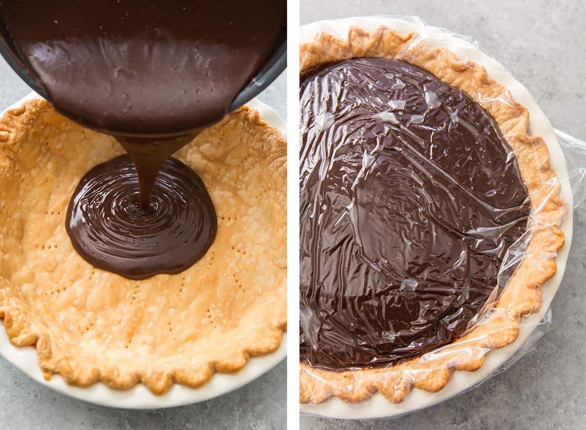 Chocolate custard is poured into a blind baked pie crust and covered with plastic wrap.