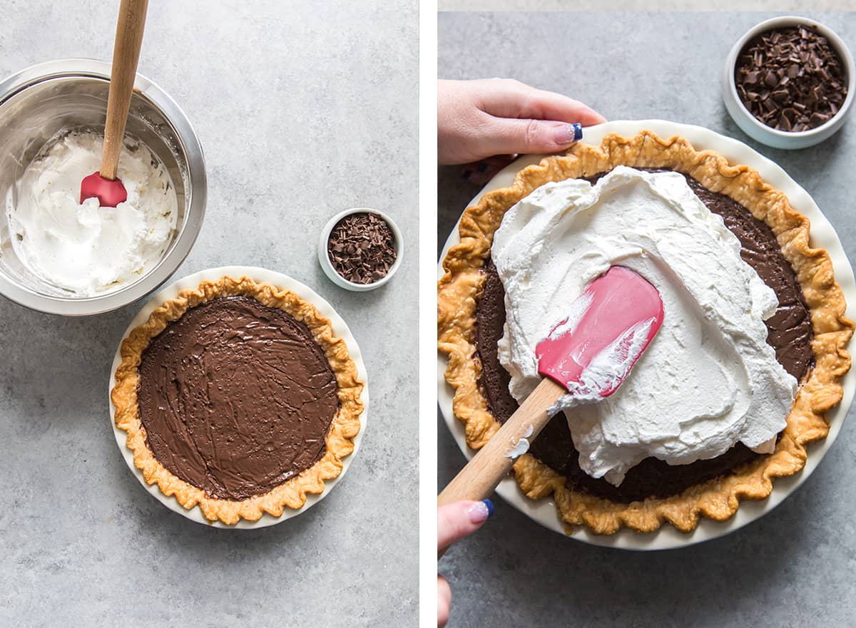 A chocolate cream pie is topped with whipped cream.