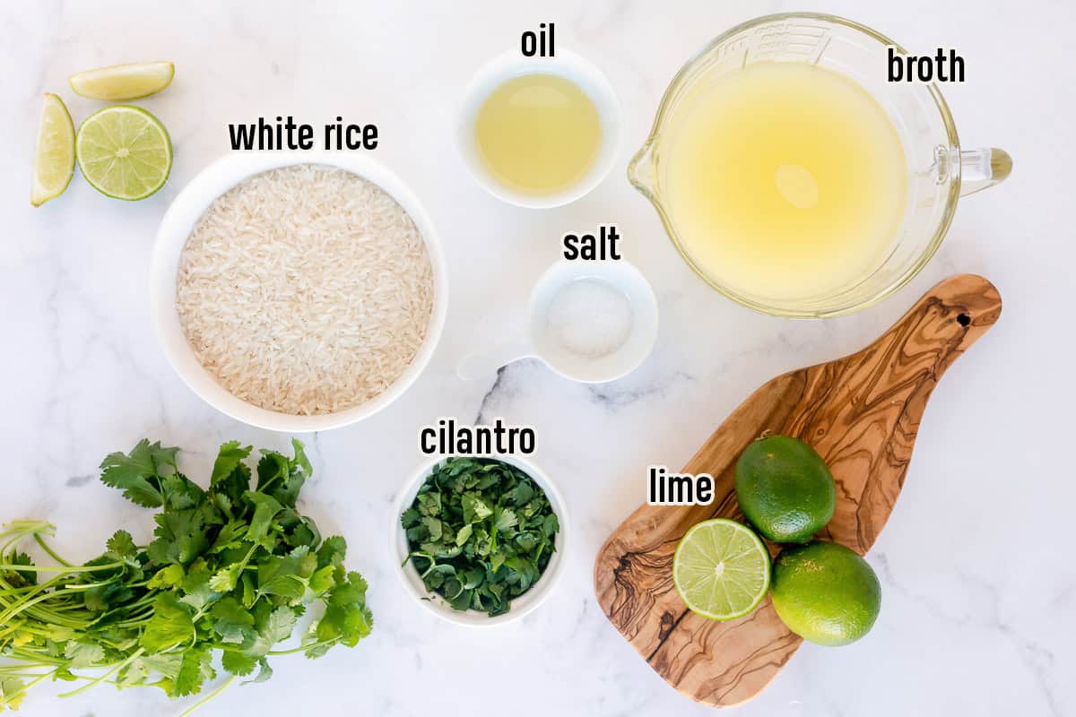The ingredients for making Cilantro Lime Rice including rice, broth, oil, salt, lime, and cilantro with text overlay.