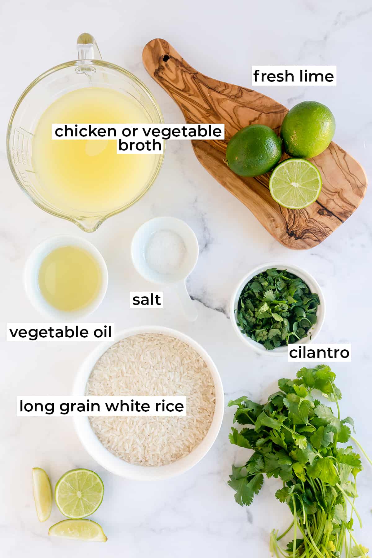 The ingredients for making Cilantro Lime Rice with text overlay.