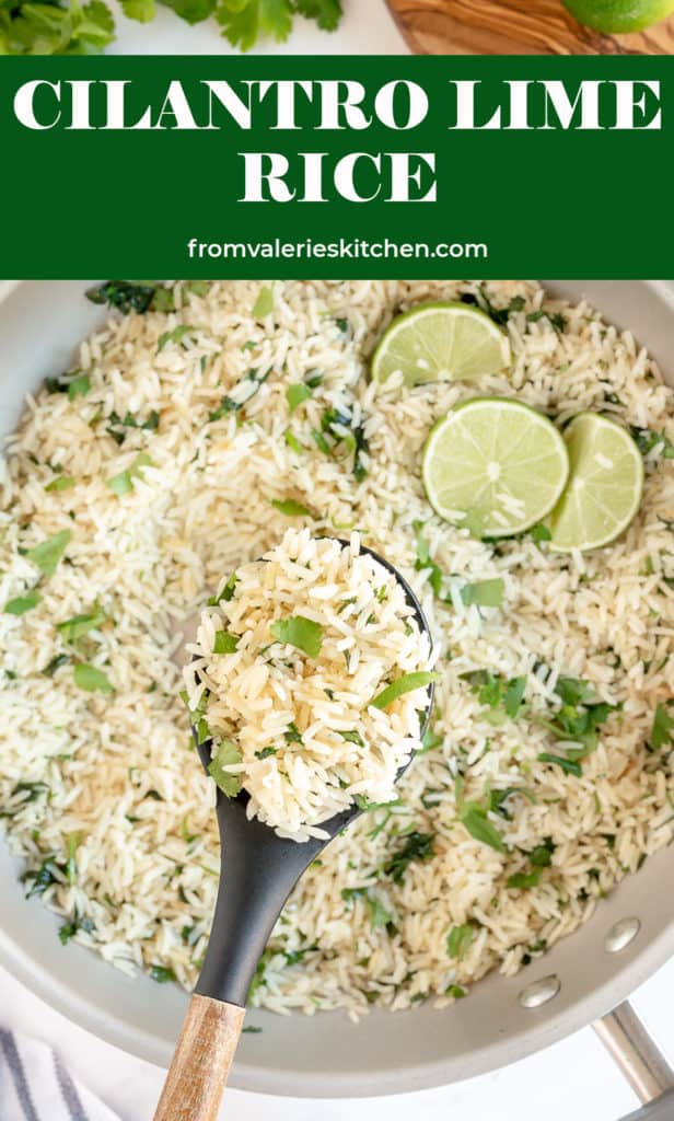 A spoon scoops Cilantro Lime Rice from a skillet with text overlay.