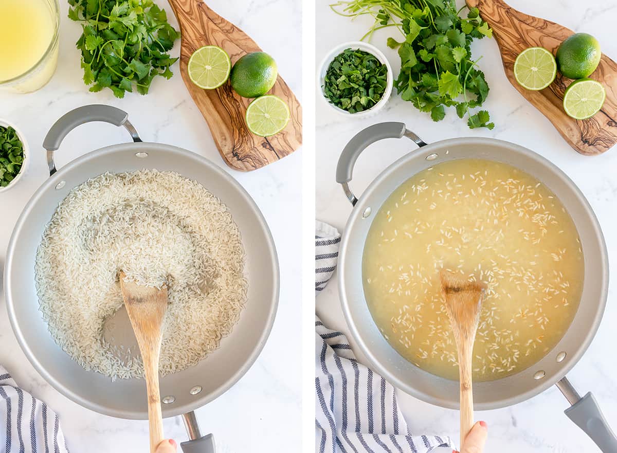 A spoon stirs rice and broth in a skillet.