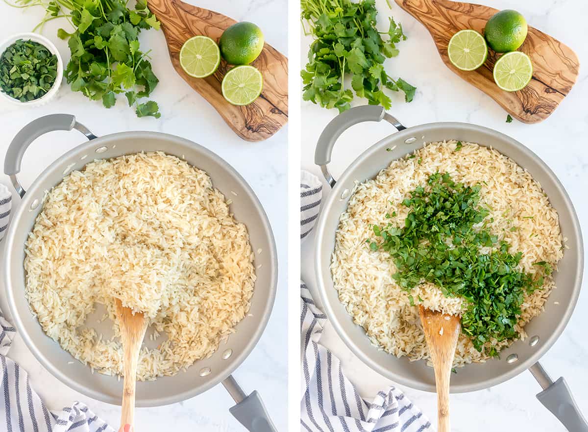 Cooked rice with cilantro in a skillet.