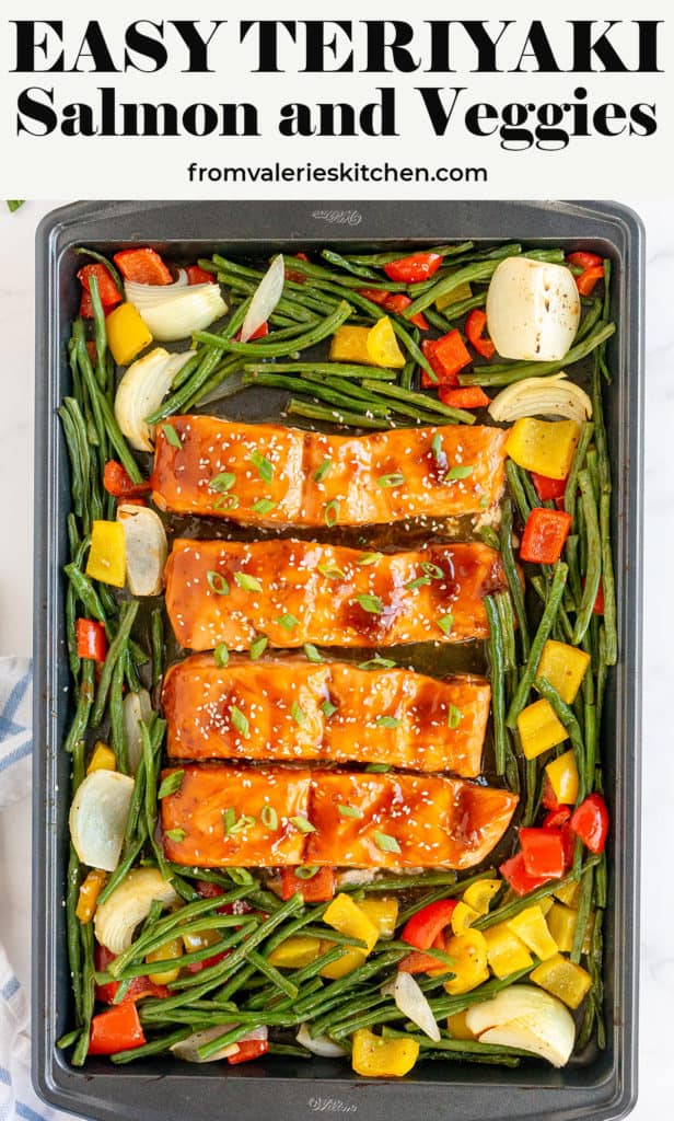 Salmon and veggies on a sheet pan with text overlay.