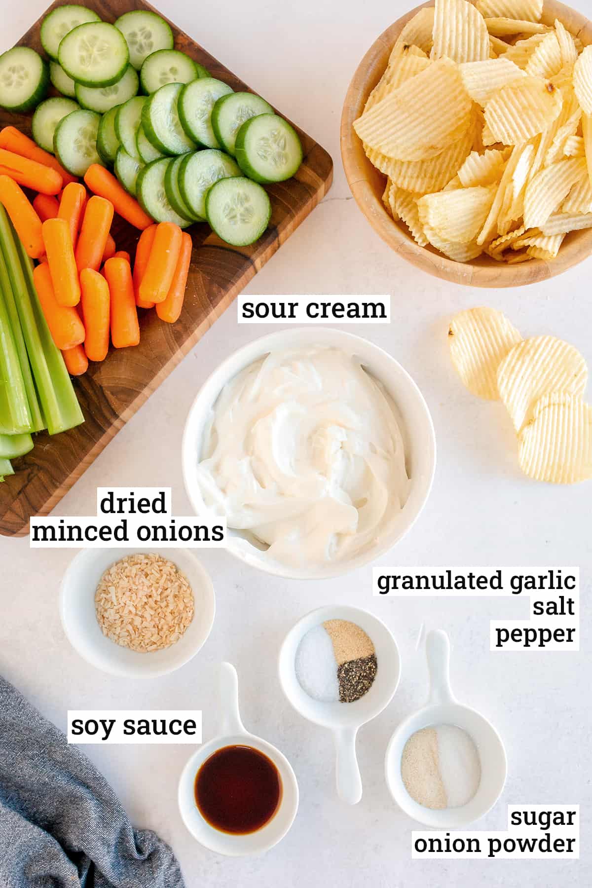 All the ingredients needed to make French Onion Dip from Scratch with text overlay.