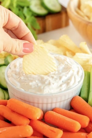 A chip being dipped into a small dish of French onion dip.