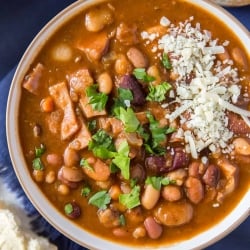 A bowl of Instant Pot 15 Bean Soup shot from over the top.