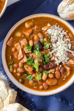 A bowl of Instant Pot 15 Bean Soup shot from over the top.