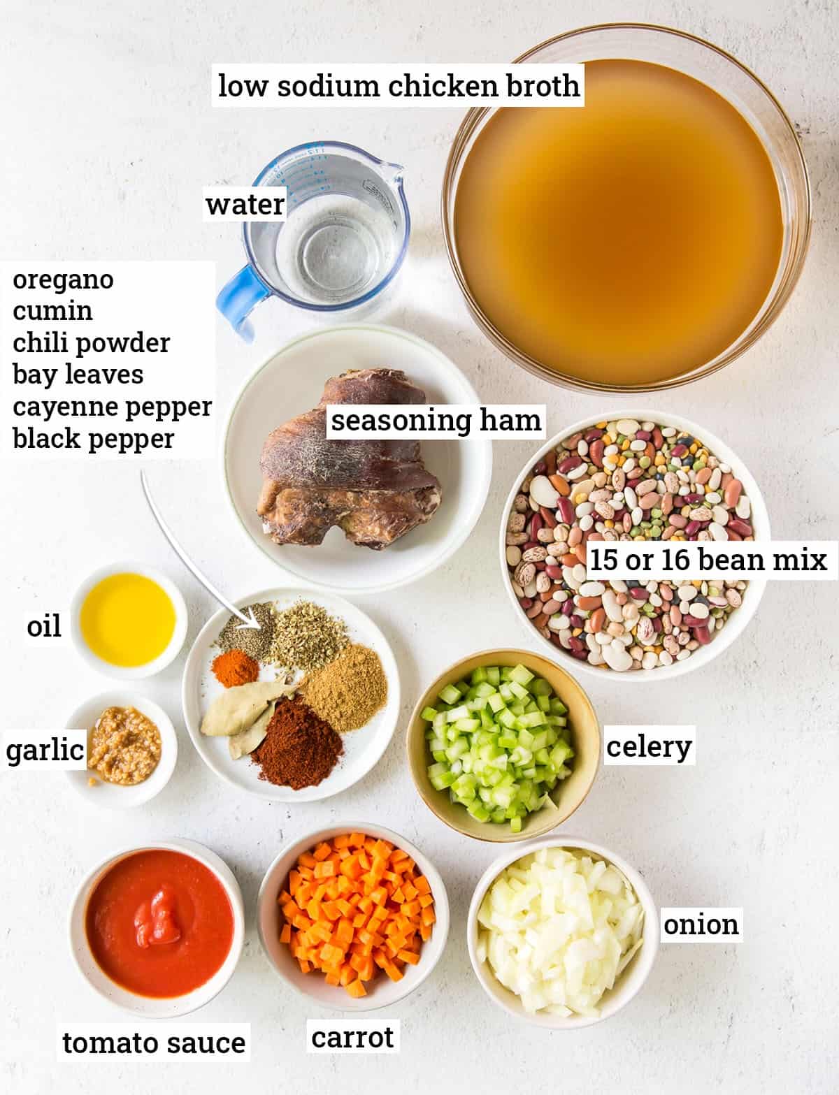 The ingredients for Instant Pot 15 Bean Soup with text overlay.