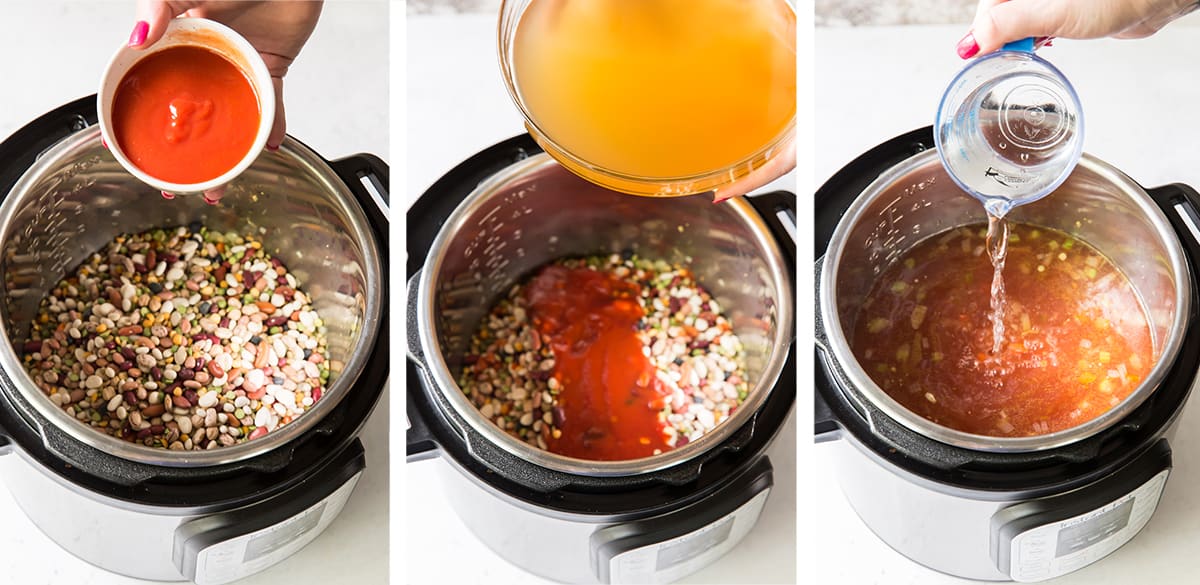 Tomato sauce, broth, and water are added to an Instant Pot.