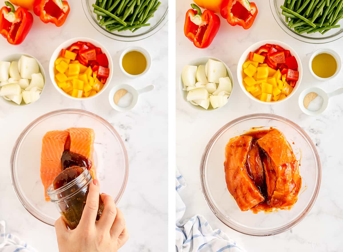 Salmon marinating in teriyaki sauce in a bowl.