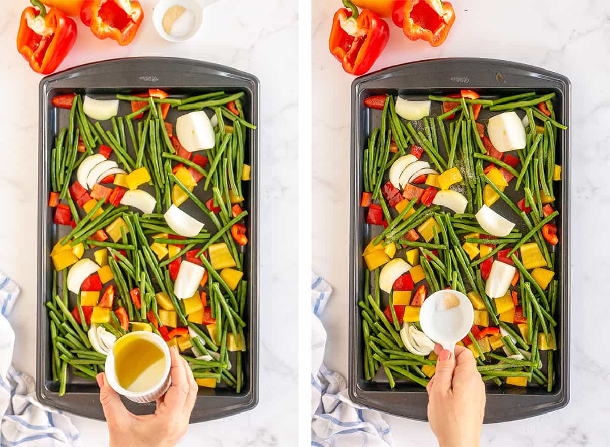 Vegetables are tossed with olive oil and spices on a baking sheet.