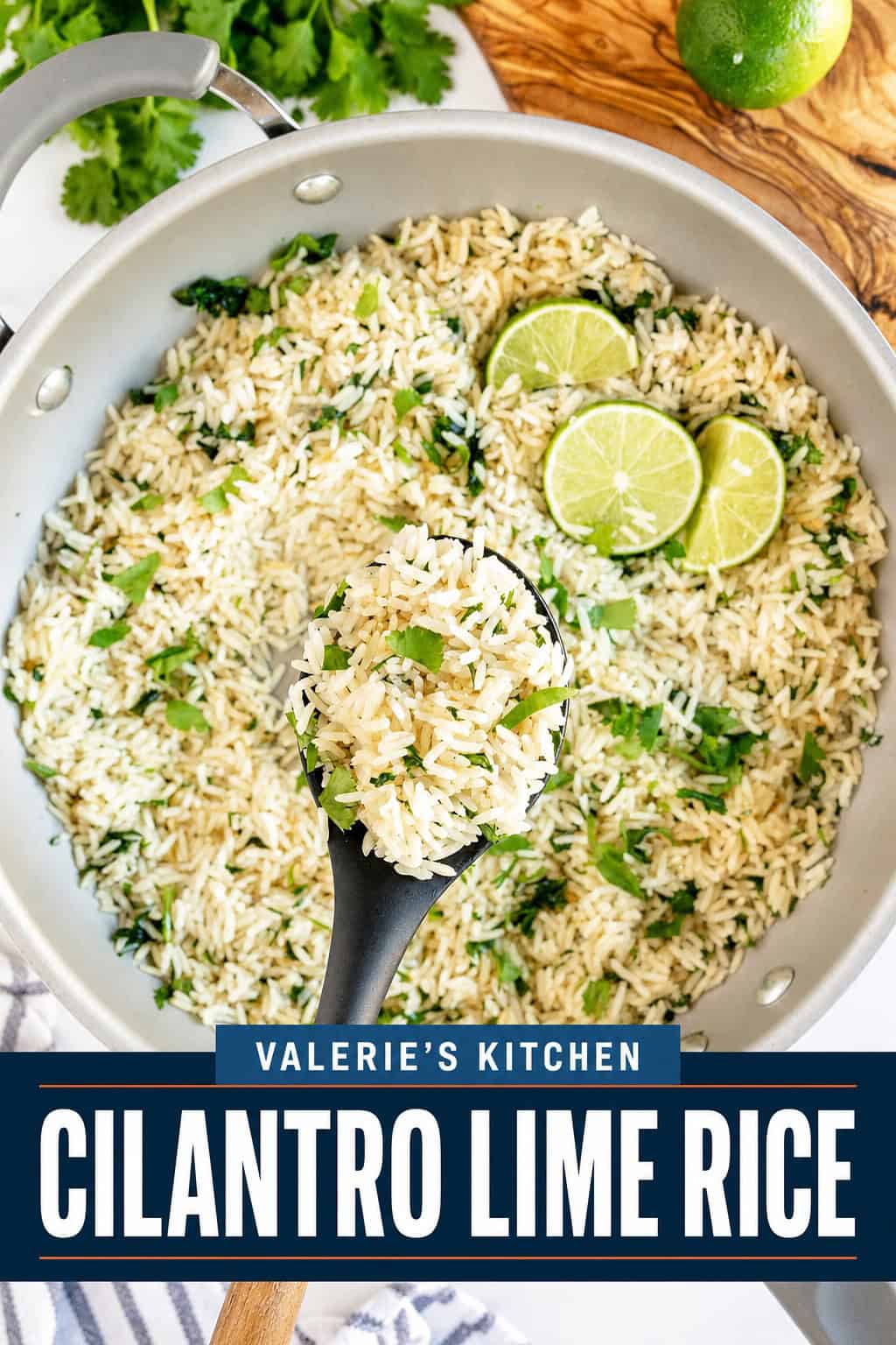 Fluffy cilantro lime rice in a skillet with a spoon garnished with fresh lime and herbs with bold text overlay.