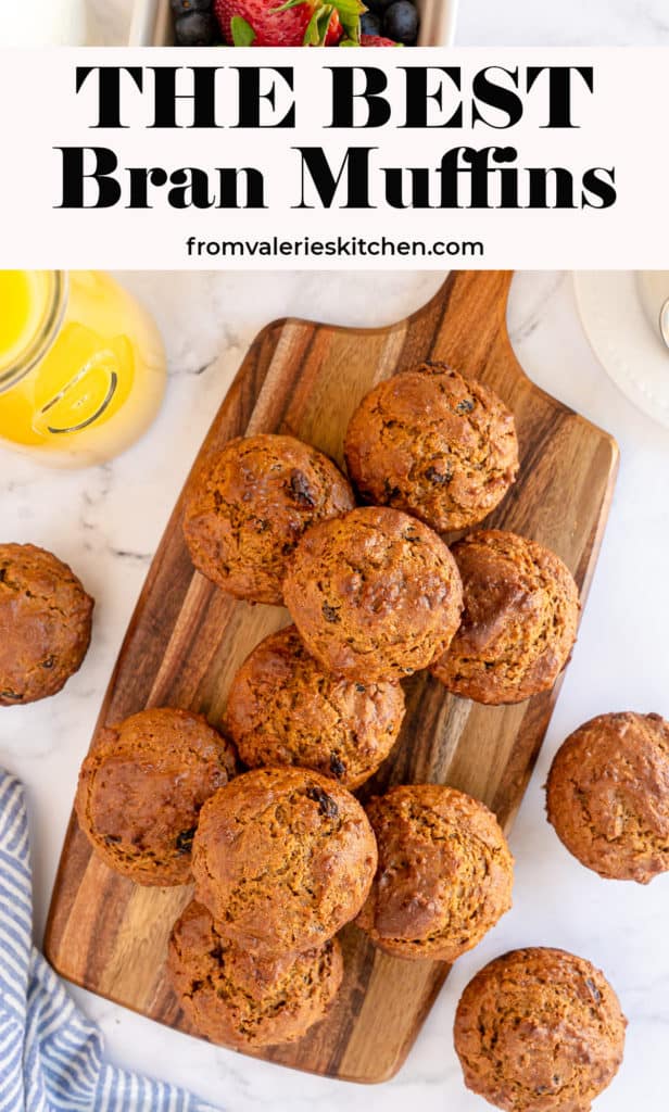 Bran muffins on a cutting board with text overlay.