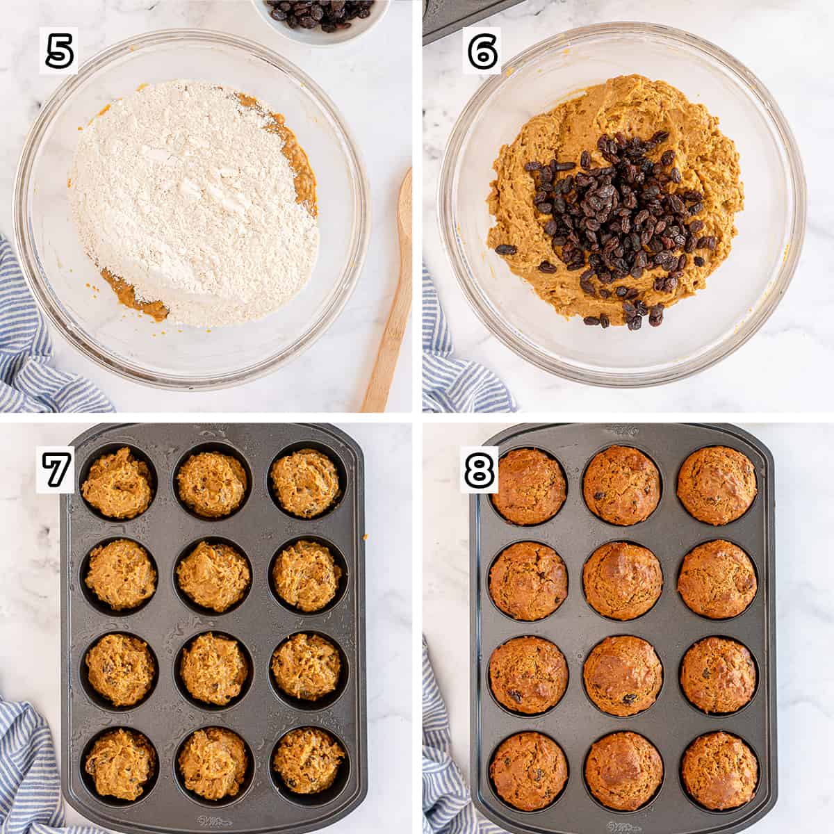 Dry ingredients and raisins are added to muffin batter and scooped into a muffin pan.