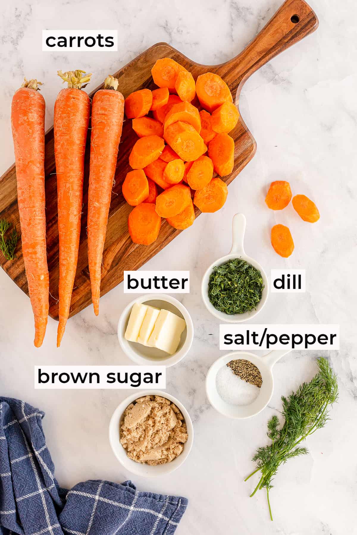 Ingredients to make Brown Sugar Dill Carrots with text overlay.