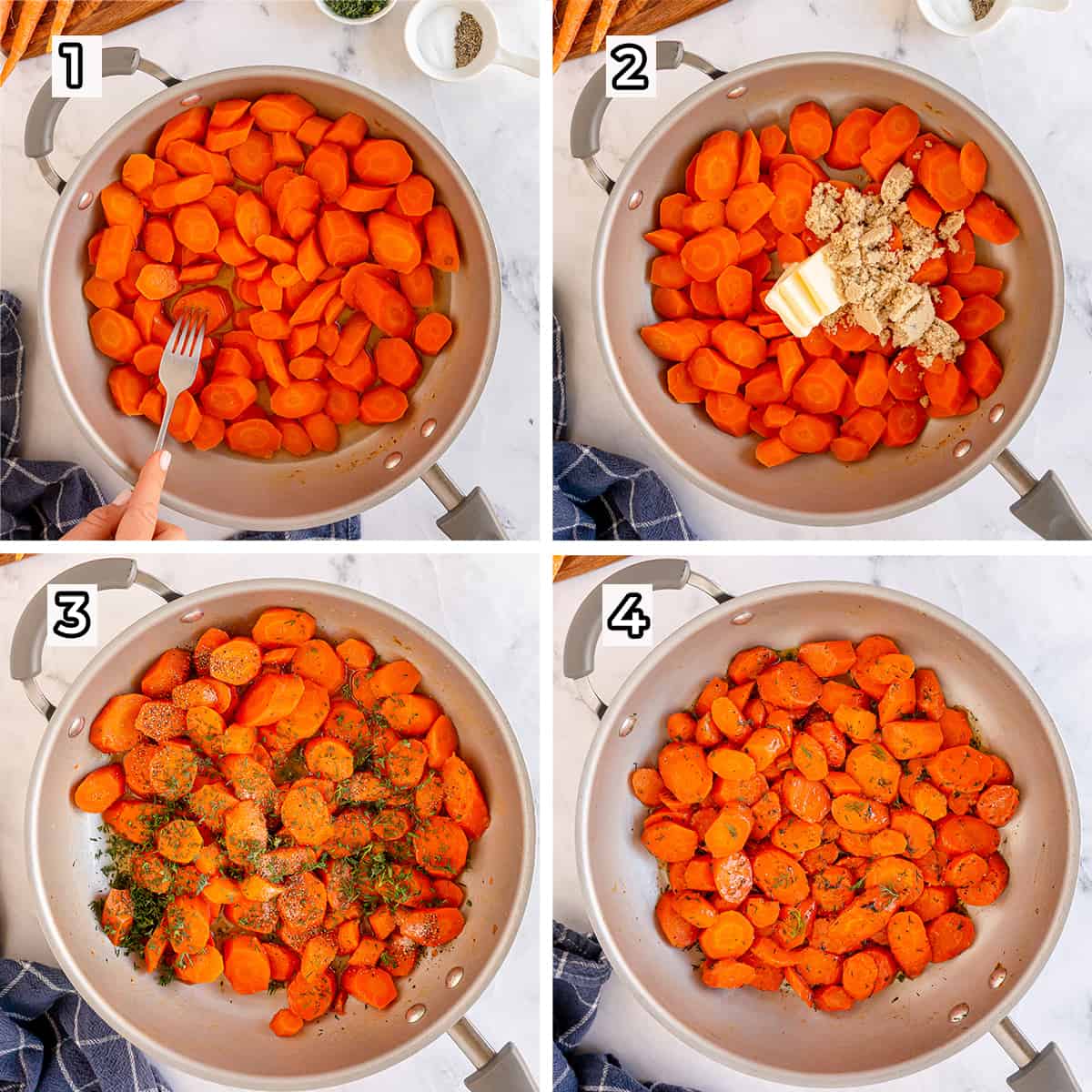 Carrots are cooked with brown sugar and dill in a skillet.